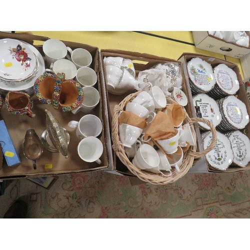 110 - THREE TRAYS OF ASSORTED CERAMICS ETC TO INCLUDE A TRAY OF HUMOROUS PLATES