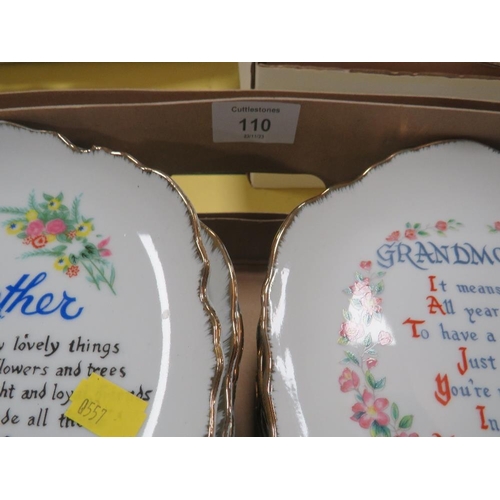 110 - THREE TRAYS OF ASSORTED CERAMICS ETC TO INCLUDE A TRAY OF HUMOROUS PLATES