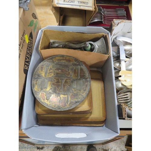 129 - THREE SMALL TRAYS OF ASSORTED SILVER PLATED WARE , FLATWARE , MINCER ETC