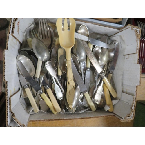 129 - THREE SMALL TRAYS OF ASSORTED SILVER PLATED WARE , FLATWARE , MINCER ETC