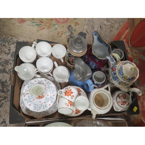 137 - THREE TRAYS OF ASSORTED CERAMICS AND GLASS TO INCLUDE TEA POT , JUGS ETC