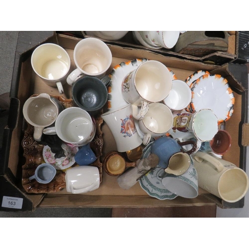 163 - TWO TRAYS OF  ASSORTED CERAMICS TO INCLUDE SHELLEY SAUCERS, PORT MEIRION VASE