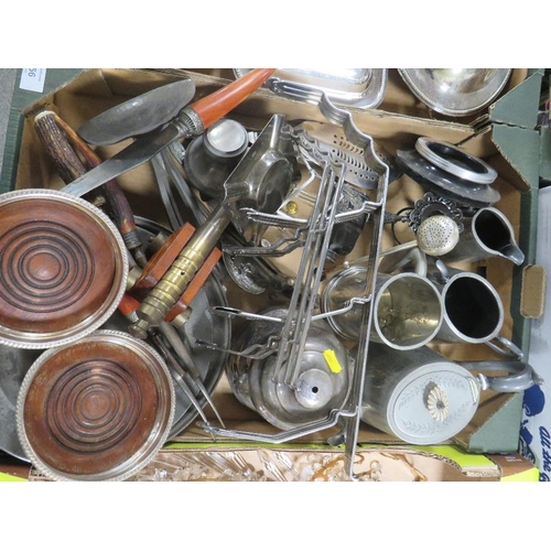 166 - TWO TRAYS OF SILVER PLATED/ METAL WARE TO INCLUDE TUREEN AND WINE BOTTLE COASTERS