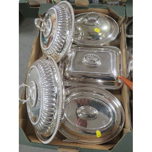 166 - TWO TRAYS OF SILVER PLATED/ METAL WARE TO INCLUDE TUREEN AND WINE BOTTLE COASTERS