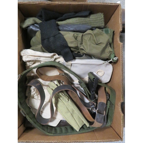 191 - FOUR TRAYS OF ARMY SURPLUS CLOTHING AND ACCESSORIES ETC