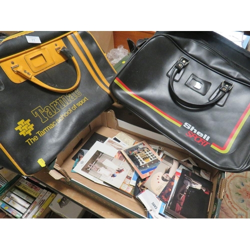 77 - TWO VINTAGE SPORTS BAGS TOGETHER WITH A TRAY OF POSTCARDS