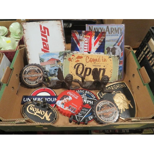 80 - BOX OF METAL SIGNS, CAST IRON ETC