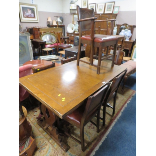 834 - A PRIORY STYLE DRAWLEAF TABLE AND FIVE CHAIRS