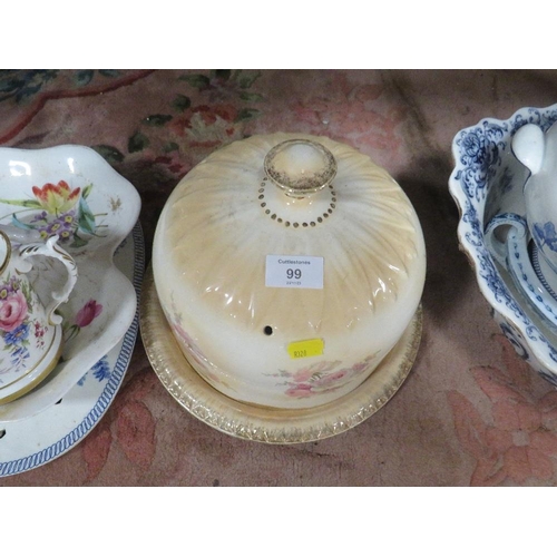 99 - A QUANTITY OF ANTIQUE CERAMICS TO INCLUDE VARIOUS SIZE LOVING CUPS , CERAMICS GIN BARREL WITH TAP