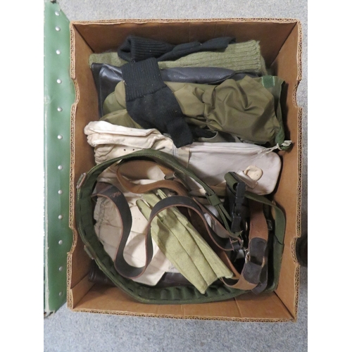 191 - FOUR TRAYS OF ARMY SURPLUS CLOTHING AND ACCESSORIES ETC