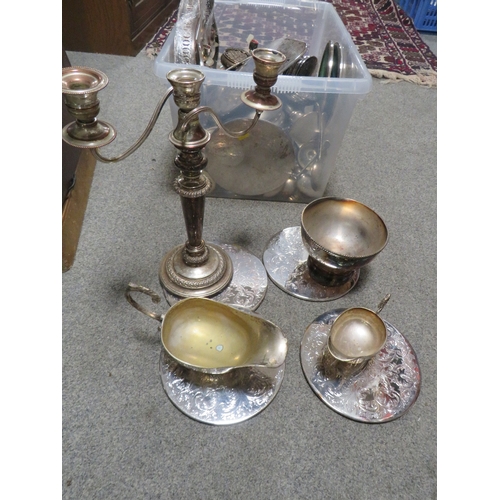 194 - A TRAY OF ASSORTED SILVER PLATED WARE