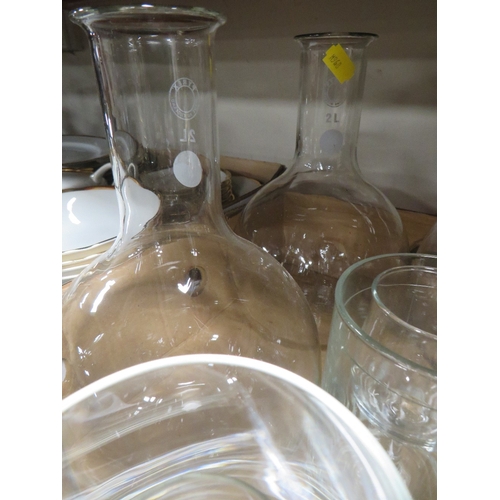 198 - A TRAY OF CERAMICS TOGETHER WITH A TRAY OF ASSORTED GLASS WARE ,SCIENTIFIC STYLE EXAMPLES