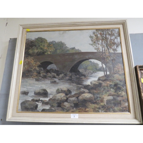 12 - A WATERCOLOUR DEPICTING A WOODLAND RIVER SCENE SIGNED LOWER RIGHT TOGETHER WITH AN OIL ON BOARD OF A... 