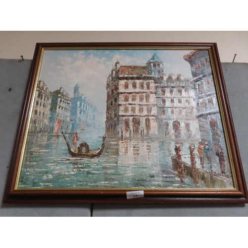 15 - A FRAMED OIL ON CANVAS OF A VENETIAN SCENE SIGNED LOWER RIGHT F ROSSI