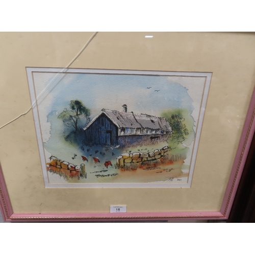 18 - A PEN AND WASH PICTURE OF A FARMYARD SCENE BY GEORGE DAWSON INITIAL LOWER RIGHT