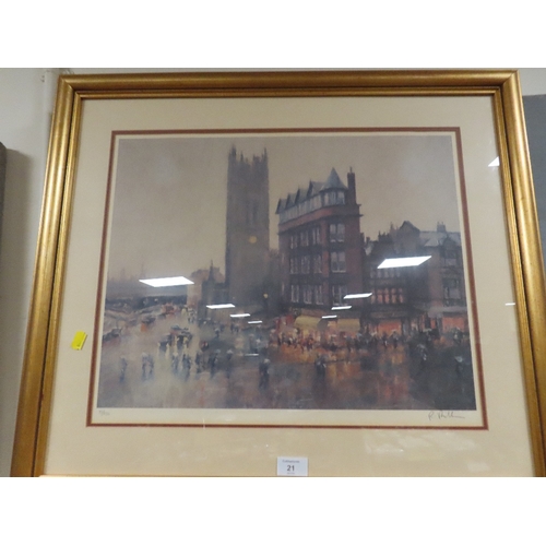 21 - THREE FRAMED AND GLAZED SIGNED LIMITED EDITION PRINTS BY BOB RICHARDSON TO INCLUDE ST ANNE'S SQUARE ... 