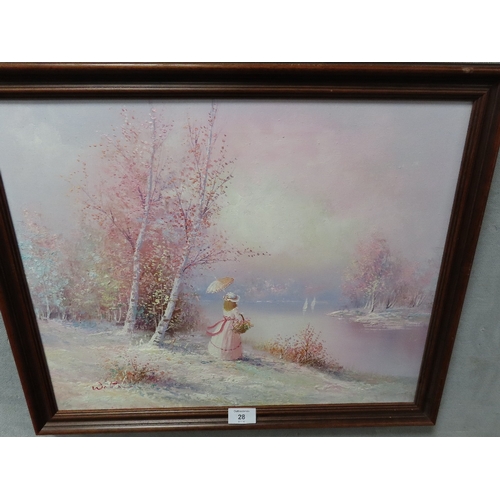 28 - A FRAMED OIL ON CANVAS OF A GIRL BY A BOATING LAKE SIGNED LOWER LEFT