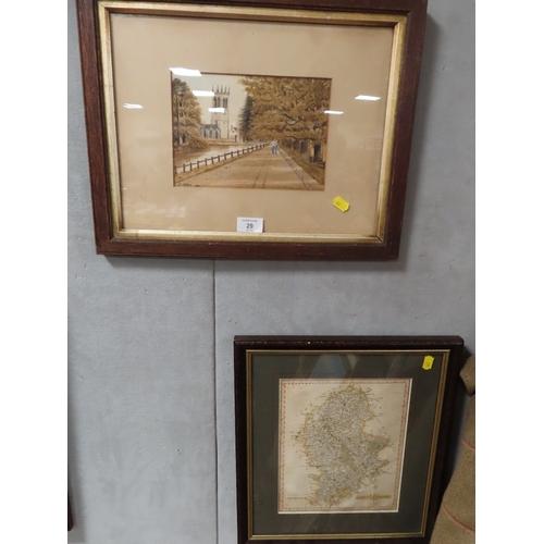 29 - A FRAMED AND GLAZED MAP OF STAFFORDSHIRE TOGETHER WITH A WATERCOLOUR OF A CHURCH SCENE