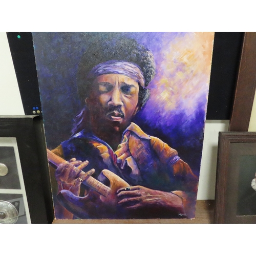 3 - AN OIL ON CANVAS DEPICTING JIMI HENDRIX SIGNED LOWER RIGHT P REVELL