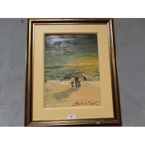 40 - A FRAMED OIL ON BOARD OF A FISHERMAN CARRYING A BOAT SIGNED LOWER RIGHT DETAILS VERSO- ON PICTURE WA... 