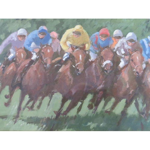 102 - (XIX-XX). An impressionist horse racing scene, unsigned, oil on canvas laid on board, framed and gla... 