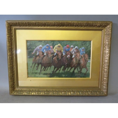 102 - (XIX-XX). An impressionist horse racing scene, unsigned, oil on canvas laid on board, framed and gla... 