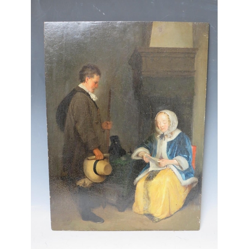 103 - (XVIII). Dutch school, an interior scene with figures, the woman reading a letter, unsigned, oil on ... 