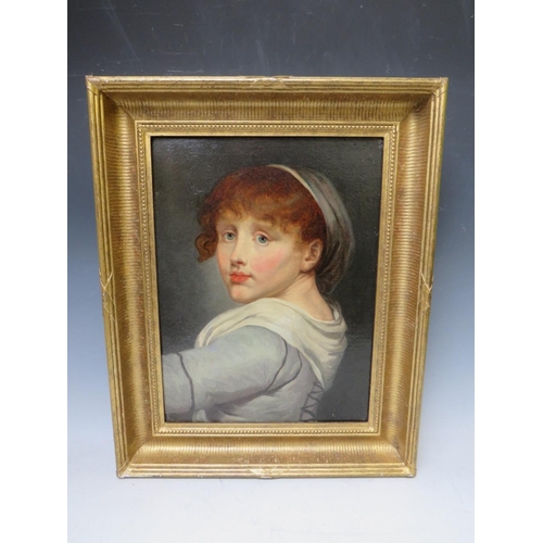 104 - (XIX). A head and shoulder portrait study of a young lady, unsinged, oil on canvas, framed, 39 x 29 ... 