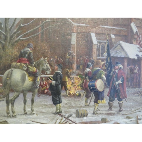 111 - R. SIMM (XX). Winter English Civil War scene with horses and numerous figures before a church, signe... 