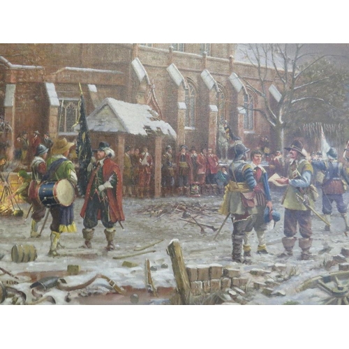 111 - R. SIMM (XX). Winter English Civil War scene with horses and numerous figures before a church, signe... 