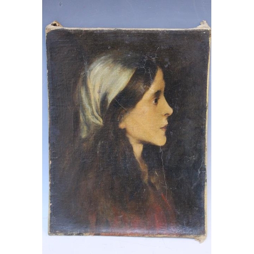 115 - (XIX-XX). Head and shoulder portrait study of a young woman, unsigned, oil on canvas, unframed, 27 x... 