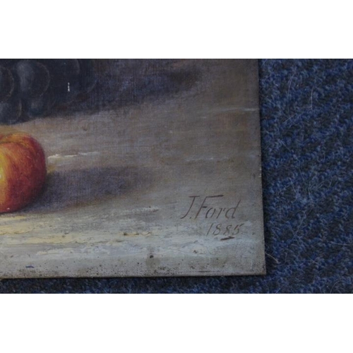 117 - J. FORD. Still life study of fruit on a mossy background, signed and dated 1885 lower right, oil on ... 