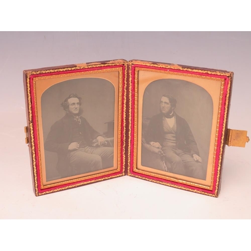 139 - A 19TH CENTURY CASED AMBROTYPE DOUBLE PORTRAIT OF TWO SEATED GENTLEMEN, image 9 x 6.5 cm, case 12 x ... 