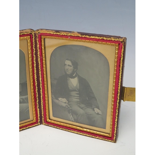139 - A 19TH CENTURY CASED AMBROTYPE DOUBLE PORTRAIT OF TWO SEATED GENTLEMEN, image 9 x 6.5 cm, case 12 x ... 