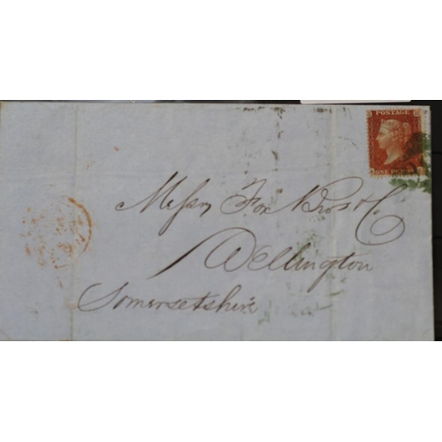 183 - POSTAGE STAMP - 1855 1d RED COVER, tied by green Dublin 186 numeral to Wellington (Somerset), sl. ro... 