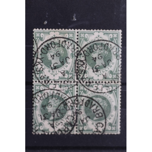 187 - POSTAGE STAMPS - S.G. 211 1/= DULL GREEN, superb used block of four with Bradford Steel CDS's, stron... 