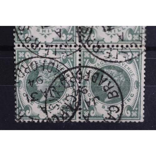 187 - POSTAGE STAMPS - S.G. 211 1/= DULL GREEN, superb used block of four with Bradford Steel CDS's, stron... 