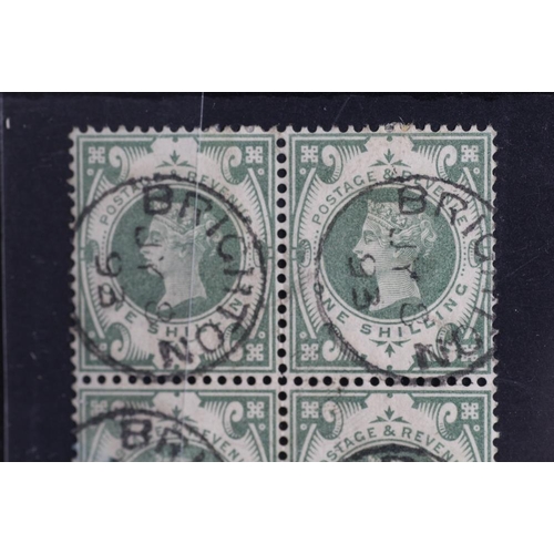 188 - POSTAGE STAMPS - S.G. 211 1/= DULL GREEN, a FU block of six with Brighton CDS's, lovely colour