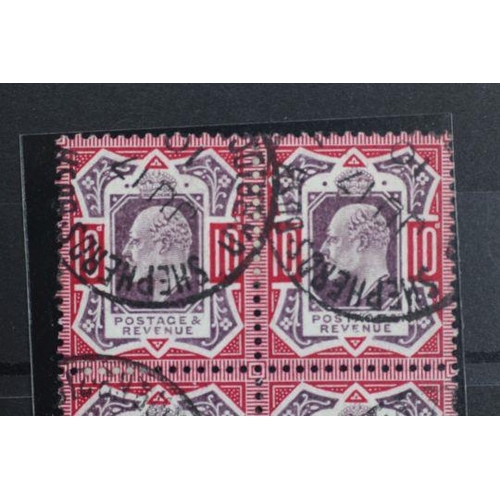 200 - POSTAGE STAMPS - S.G. 254b KING EDWARD 10d DULL PURPLE AND CARMINE, a CDS used block of four, July 1... 