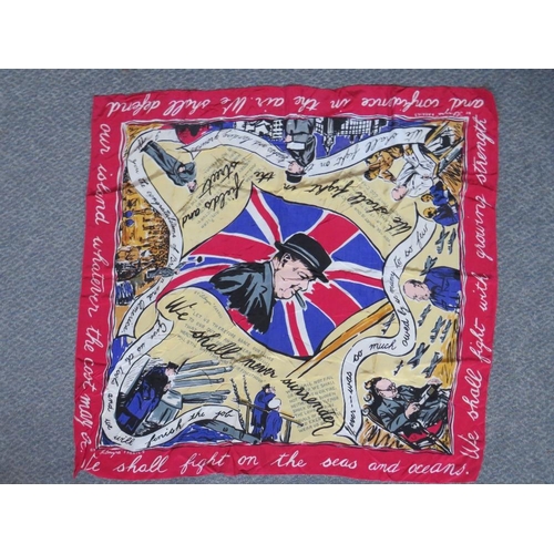 216 - WORLD WAR II PROPAGANDA SCARF WITH CENTRAL PORTRAIT OF CHURCHILL BY FILMYRA FABRICS, approximately 8... 