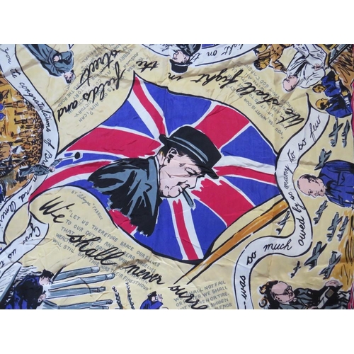 216 - WORLD WAR II PROPAGANDA SCARF WITH CENTRAL PORTRAIT OF CHURCHILL BY FILMYRA FABRICS, approximately 8... 