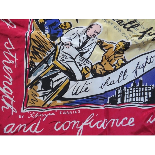 216 - WORLD WAR II PROPAGANDA SCARF WITH CENTRAL PORTRAIT OF CHURCHILL BY FILMYRA FABRICS, approximately 8... 