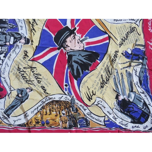 216 - WORLD WAR II PROPAGANDA SCARF WITH CENTRAL PORTRAIT OF CHURCHILL BY FILMYRA FABRICS, approximately 8... 