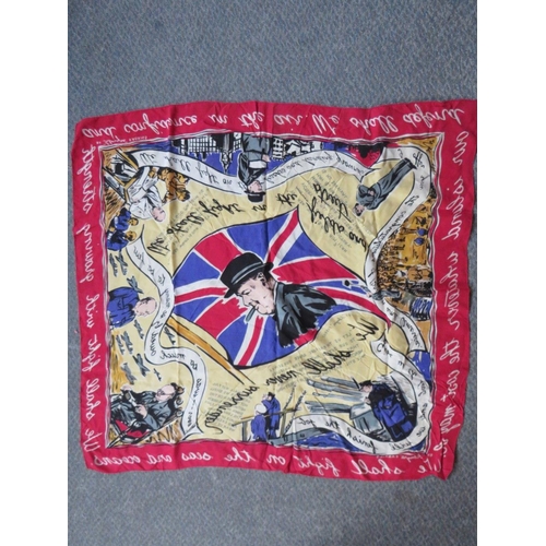 216 - WORLD WAR II PROPAGANDA SCARF WITH CENTRAL PORTRAIT OF CHURCHILL BY FILMYRA FABRICS, approximately 8... 