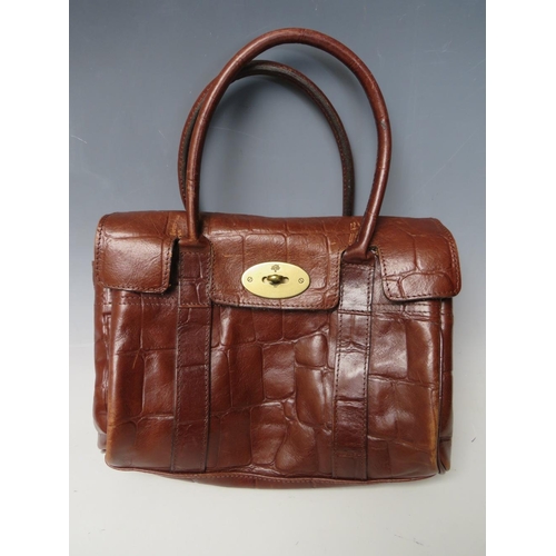 217 - A LADIES MULBERRY CROCODILE EMBOSSED SMALL 'BAYSWATER' HANDBAG, with dust cover, W 26.5 cm, H 34 cm ... 