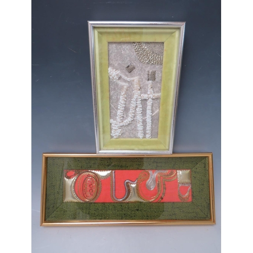 220 - TWO MODERNIST BRITISH SCHOOL TEXTILE COLLAGES, framed and glazed, 14 x 38 cm, and 25 x 15 cm