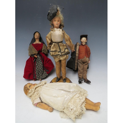 223 - A COLLECTION OF FOUR ANTIQUE COLLECTORS DOLLS, to include a wax faced example, tallest H 34 cm (4)