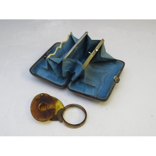 228 - FOUR VINTAGE ITEMS OF TORTOISESHELL, comprising a loupe, decorative purse with flowers and butterfly... 