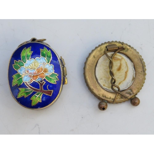 237 - A MINIATURE CIRCULAR MICRO MOSAIC PICTURE FRAME, together with an enamelled butterfly brooch and a c... 