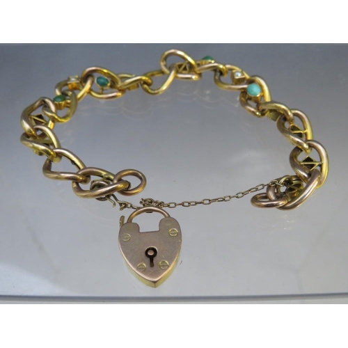 250 - A 15CT GOLD FANCY LINK BRACELET, with turquoise and seed pearl embellishment, stamped to heart shape... 